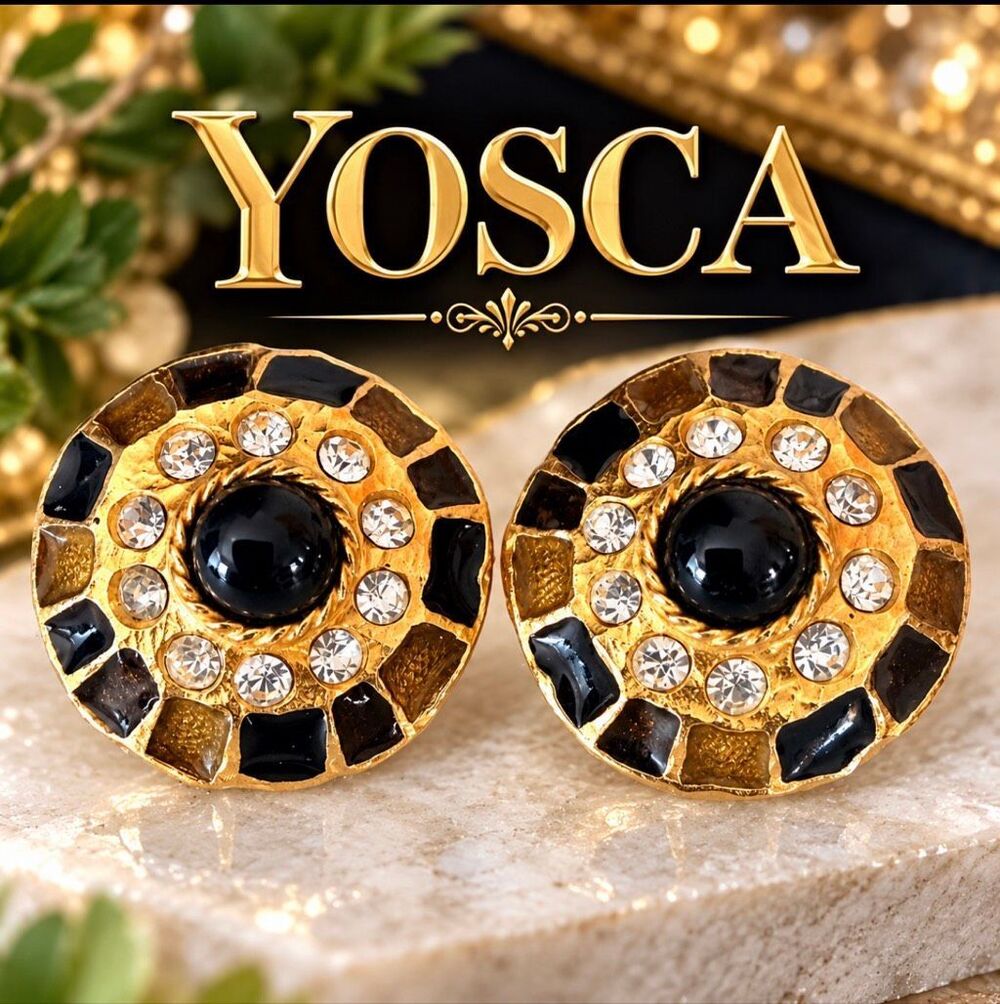 Vintage Yosca Black Enamel Rhinestone Gold Tone Clip-On Earrings